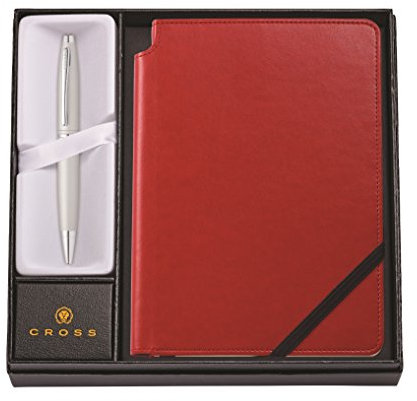 Cross Calais Kugelschreiber (Drehmechanik, mit rotem Journal Notizbuch als Geschenkset) Satin-Chrom