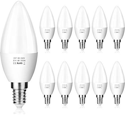 ZIKEY E14 LED 6W Kerze Glühbirne, 600 lm, 3000K Warmweiß, Ersetzt 50W Lampe, C37 LED Leuchtmittel, Kleine Edison Schraube | Nicht dimmbar, 10er Pack