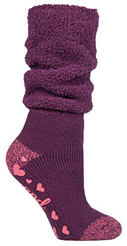 HEAT HOLDERS - Ladies Soft Fluffy Slouch Top Non Slip Slipper Thermal Bed Socks with Grippers (4-8 UK, Wine (Slouch))