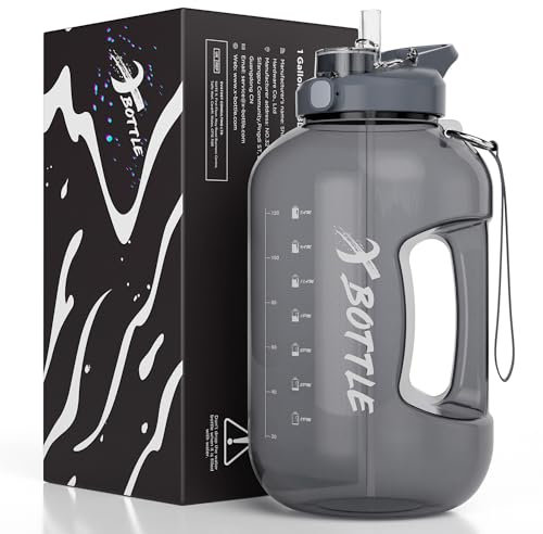 3.78L Large Water Bottle - Motivational 1 Gallon Jug with Time Markings, Straw+Flap Double Drinking Port, Reusable BPA Free,Dishwasher Safe, Sturdy Handle Easy to Carry for Gym,Sports,Office,Home