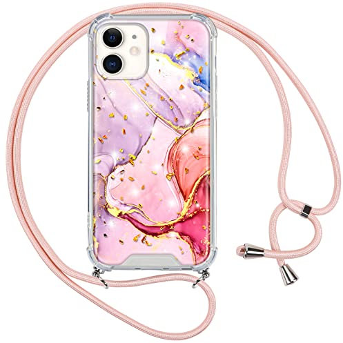 Vauki Coque pour Apple iPhone 11 avec Cordon de Collier, Paillettes Marbre Étui de Protection TPU Silicone Antichoc Housse avec Chaîne Réglable Lanyard Glitter Case pour iPhone 11 6,1, Or Rose 1
