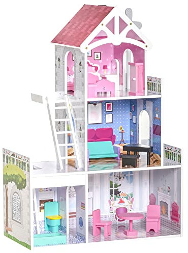 HOMCOM Casa delle Bambole in Legno a 3 Piani con Scale e Accessori, Struttura in MDF, per Bambini 3-6 Anni, 60x29x85cm, Rosa