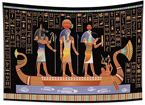 YONGFOTO 100x70cm Antikes Ägypten Wandteppich, Wandteppiche mit ägyptischen Mustern Hieroglyphische Schnitzereien Traditioneller Holzboot-Wandteppich für Wohnzimmer Wohnheim Dekor Sofa Abdeckung