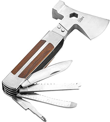 NEO TOOLS Multitool 11 in 1 Edelstahl, Multifunktionswerkzeug, Holzgriff, Schraubenschlüssel, Hammer, Axt, Messer, Säge, Schaber, Flachschraubendreher, Feile, Maßband, PH-Schraubendreher, Dosenöffner