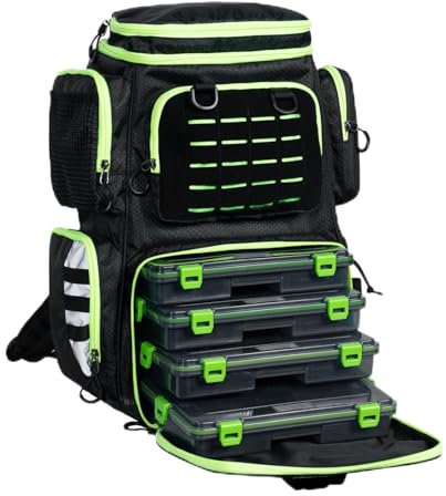FEIWOOD GEAR Angelausrüstungs-Rucksack mit 4 Angelboxen, großer Stauraum – widerstandsfähiger Angelrucksack mit Rutenhalter für Angeln, Camping, Wandern, Outdoor-Sport