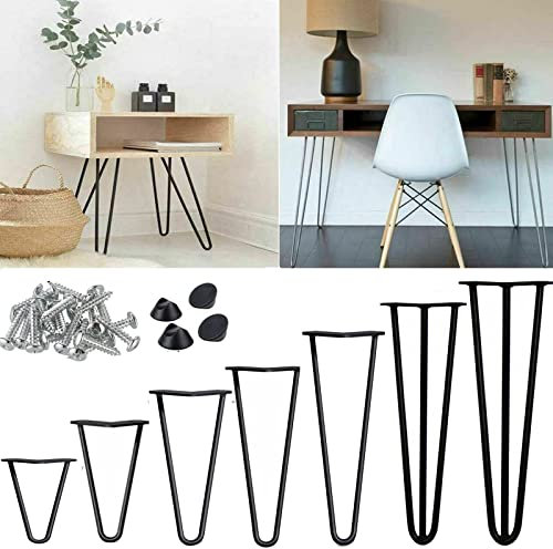 Lot de 4 pieds de table en épingle à cheveux noirs de 35 cm, 2 tiges de meubles en métal, pieds de table en métal, pieds de meubles modernes du milieu du siècle, avec vis et protections de sol