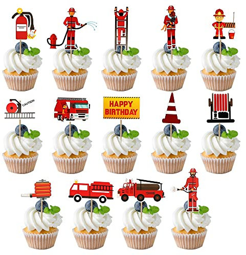 Geburtstag Tortendeko Feuerwehr Cake Toppers Feuerwehrmänner Kuchen Deko Feuerwehr Feuerwehrmann Feuerwehrauto Feuerlöscher Cupcake Topper für Kindergeburtstag Party Gefälligkeiten 28 Stück