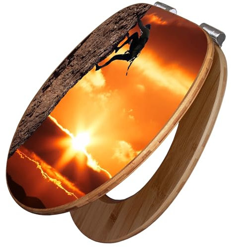 banjado Design WC Sitz Bambus Absenkautomatik 45,8x37,5cm / Toilettendeckel mit Absenkautomatik Holz/hochwertiger Bambus Klodeckel/WC-Sitz für gängigen Toiletten/Motiv Bergsteiger