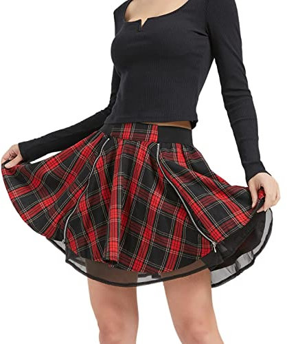 Kisidoo Gothic-Röcke, niedlich, hohe elastische Taille, kariert, Kilts für Damen, trendiger Saum, ausgestellt, knielang, Mini-Skaterrock, B # Red Plaid, Mittel