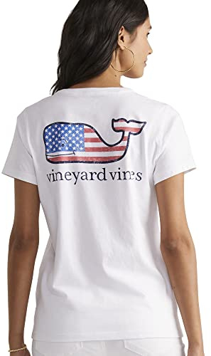 vineyard vines Women's Flag Whale Short-Sleeve Pocket Tee T-Shirt, White Cap, XL