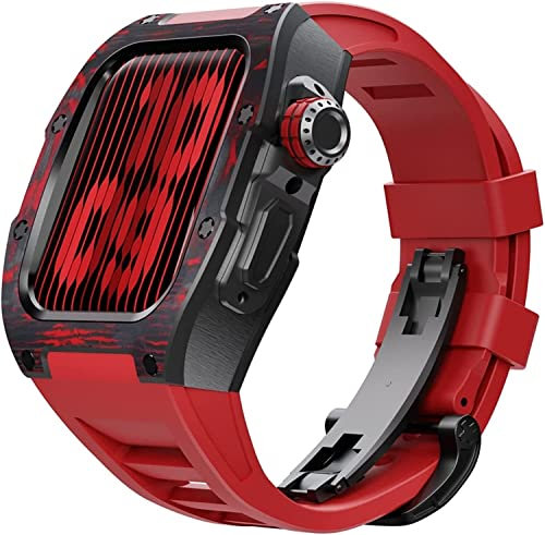 BUDAY Caja de reloj de fibra de carbono+aleación de titanio con banda fluororubber Mod Kit, para Apple Watch Series 8 7 45 mm, juego de modificación pulsera de goma y cubierta de aluminio, para iWatch