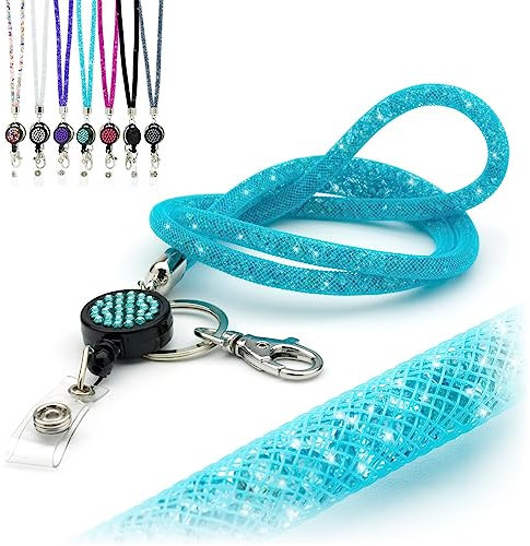 CKB LTD Hellblaues glitzerndes Umhängeband mit Strasssteinen, mit drehbarem Metallclip und glitzerndem einziehbarem Ausweishalter, 1 Stück