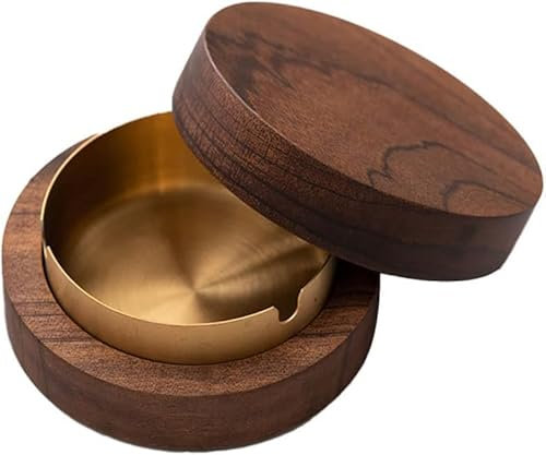 Aschenbecher für Draussen Holz 90mm, RUNEAY Nussbaum Aschenbecher mit Deckel und Herausnehmbare Edelstahl Auskleidung, Aschenbecher für Auto Büro Wohnzimmer, Geschenke für Männer, Opa, Papa, Ehemann