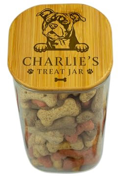 Personalised dog treats jars. Borosilicate glass dog food container with engraved bamboo lids with doggy breed artwork & name