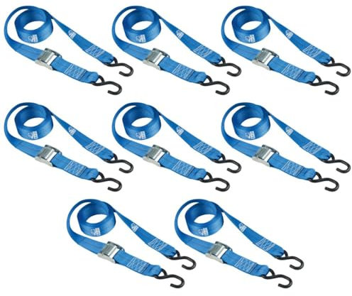 BASI | 8er Set Spanngurte mit Klemmschloss und S-Haken | bis 125 KG | Zurrgurte in blau | Länge 200 cm x Breite 2,5 cm | Befestigungsriemen | TÜV geprüft | Expander mit Schnappverschluss | 8 Stück