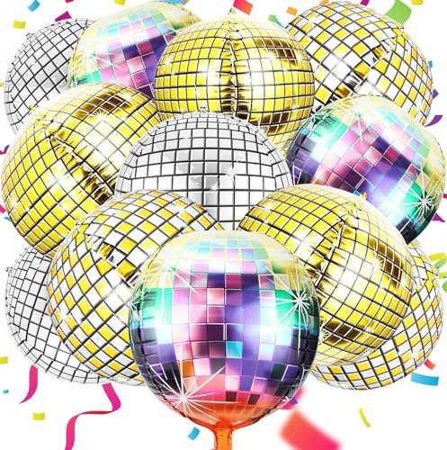 Ziamzra 12 Stück Discokugel Deko Set 22 Zoll Disco Deko Discokugel Luftballon Bunt Gold Silber Gold-silberne Metallic Helium Ballons 4D Folienballons für 70er 80er 90er Party Hochzeit Geburtstag Deko