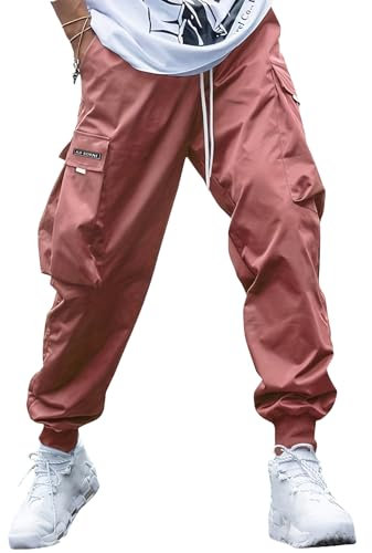 shownicer Pantaloni Cargo Uomo Pantalone da Uomo Casual Cotone Pantaloni Jogging Elastico Pantaloni con Multi Tasche A Rosa L