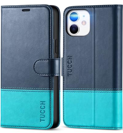 TUCCH Hülle für iPhone 12, iPhone 12 Pro Handyhülle TPU [Kartenfächer], [Ständer] [RFID Blocker] Case, [Magnet] Stoßfeste Schutz, Cover Kompatibel mit iPhone 12/12 Pro (6,1 Zoll), Dunkelblau-Seeblau