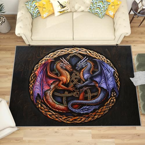 Teppich Drachenmotiv - Teppich Wohnzimmer Schlafzimmer Kinderzimmer Drache, Großer Teppich Wikinger, Weich Kurzflor & Waschbar & rutschfest Wohnzimmerteppich, Kinderteppich, Bettvorleger 100x200 cm