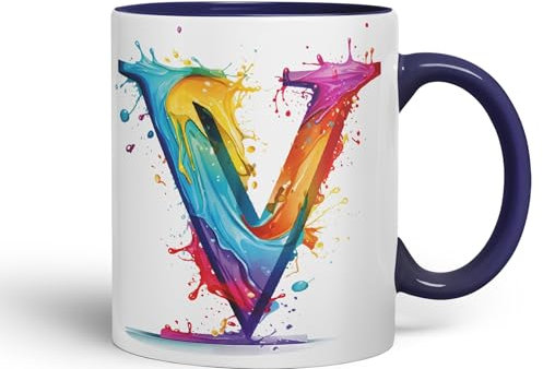 Letter V Mug, Alphabet Letter V Monogram Watercolour Ceramic Coloured Mug Cup for Tea Coffee Hot Brew 330ml 11Oz Gift (Navy)