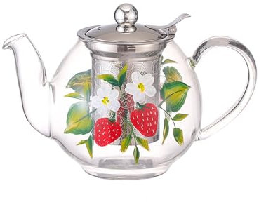 Cottea 1000ml/35oz Hand Painted Pattern Glass Teapot for Stove top,Tea Pot for Loose Tea,Glass Tea Kettle with Infuser,1 Pack, (Strawberry)