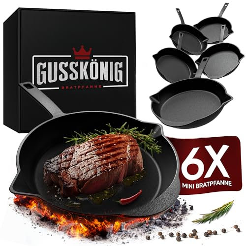 Gusskönig Poêles à Griller en Fonte pour Barbecue (Set de 6) - Petite Poele en Fonte Ø 13,5 cm - 6x Mini Poele Induction avec Livre de Recettes - Mini Poêles Préchauffées - Poelon Fonte