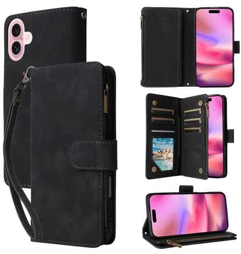QLTYPRI Case for iPhone 16 6.1 inch, Large Capacity Leather Wallet Case 6 Card Holder & 1 Zipper Pocket Kickstand Wrist Strap Magnetic Case for iPhone 16 - Black