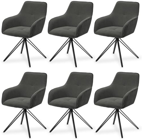 Juskys Drehstuhl Clyde mit Armlehne 6er Set - Esszimmerstuhl modern mit Stoff Bezug - Polsterstuhl Esszimmer - 120 kg belastbar - Stuhl Cord Hellgrau
