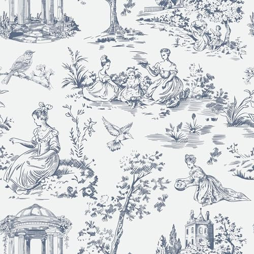 ReWallpaper Self Adhesive Wallpaper Toile De Jouy Vinyl Wrap Blue Pattern Bathroom Wallpaper Waterproof Rolls 44.5cm×3m White Wallpaper Sticker for Furniture Shelves Vintage Contact Paper