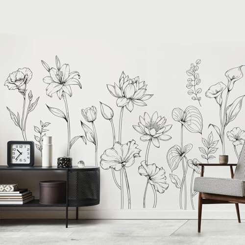 Supzone Wandtattoo Große schwarze und weiße Blume Wandaufkleber Einfache minimalistische Gartenblume Wandsticker für Wohnzimmer Schlafzimmer Sofa TV Hintergrund Wanddeko