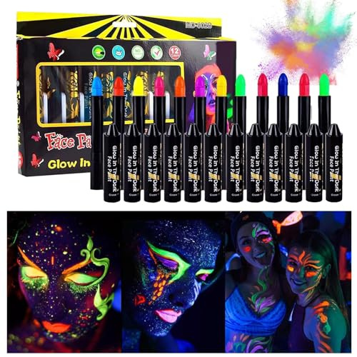 Halloween-Make-up-Set – Gesichtsbemalungsset, Kostüm-Make-up-Set in 12 Farben, Make-up mit schwarzem UV-Licht, Körperfarben für Neon-Gesicht, Stäbe