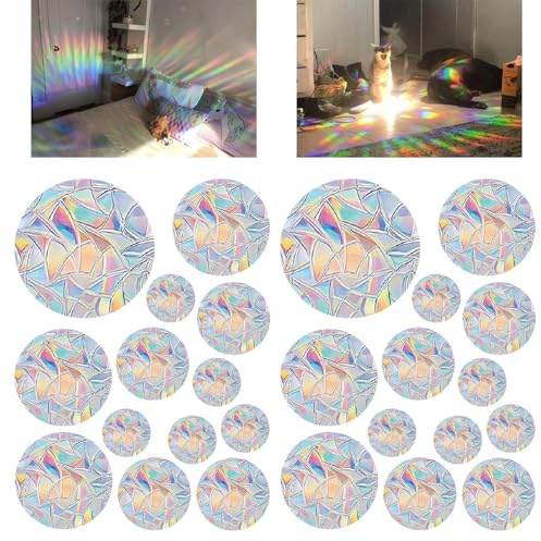 26 Stück Sonnenfänger Fenster Prisma Fensteraufkleber, Regenbogen Folie Fenster Rund, Fensterbilder Vogelschutz Fensteraufkleber Vogelschutzfolie, Suncatcher Sticker Fensterdeko & Fenstersticker