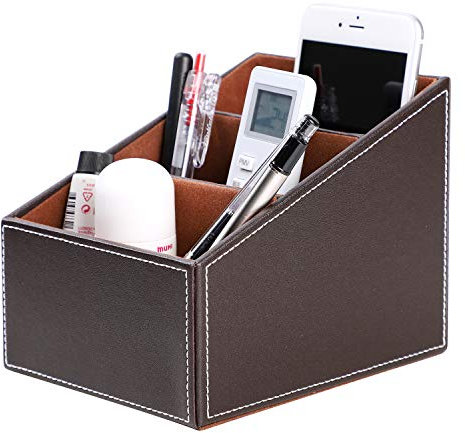 TCNGKIJIUK Boîte de Rangement Support de Télécommande en PU Cuir Organisateur de bureau avec 3 Compartiments Pot à Crayons Multifonctionnel Fournitures du Bureau pour Bureau Maison École - 13x16x13CM