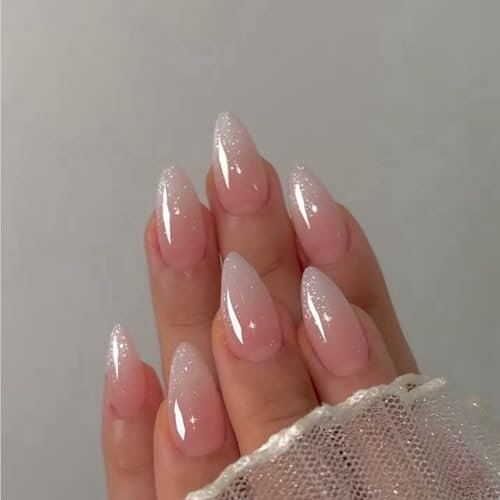 Glitter Ombre Pink False Nails Medium Almond, SXVME Bling French Pink Press on Nails Medium, Sparkle Sequins Full Cover Cute Fake Nails Press ons, Acrylic Stick on Nails for Women Holiday Daily Wear