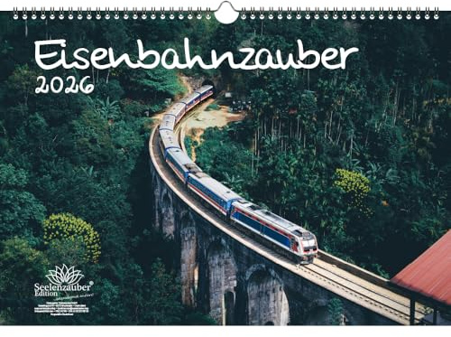 Eisenbahnzauber DIN A3 Kalender für 2026 Eisenbahn - Geschenkset Inhalt: 1x Kalender 1x Weihnachtsanhänger 1x Grußanhänger (gesamt 3 Teile)