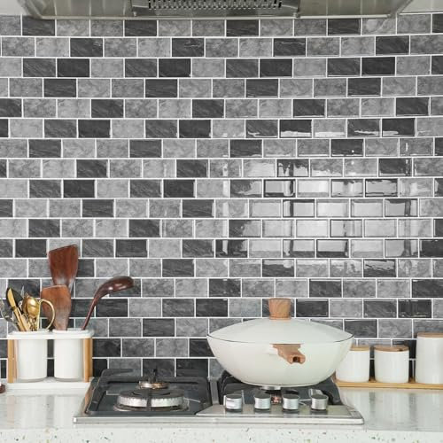 10 Sheets Marble Effect Tile Stickers, Peel and Stick on Tiles for Kitchen Bathroom, Vinyl Wall Self Adhesive Tile Decals Covers Waterproof (Grey Mix)