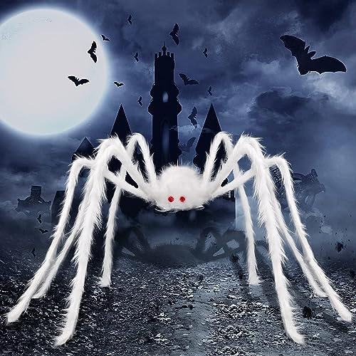 JOLCEEY 1,5m Weiße Halloween Riesiges Spinnen für Gartenparty Deko | Große Halloween Spinne Haarige Gefälschte Riesenspinne Outdoor Dekorationen für Hofparty Spukhäuser Gruselzonen
