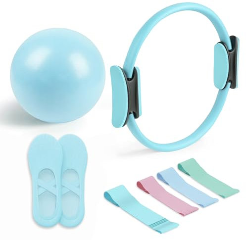 Pilates Essential Kit - Portable Fitness Equipment - with Toning Pilates Ring & Long Resistance Bands & Pilates Loop Bands & Soft Pilates Ball & Pilates Grip Socks (Blue)