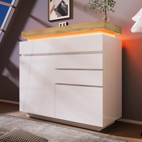RIAZOS Kommode Hochglanz Sideboard mit 2 Türen und 3 Schubladen, LED Licht (App Control), Mehrzweckschrank für Wohnzimmer und Schlafzimmer, 115x110x39 cm, Weiß