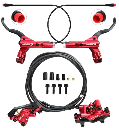 Zoom HB876E Hydraulic Disc Brakes Set 4-Pistons E-Bike Electric Power-OffHydraulic Brake Set for eBike, Mountain Bike, Road Bike (Red)