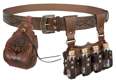 TiGog Mittelalter Gürtel Alchemisten-Set mit Gürteltasche und Mehreren Trankflaschen, Wikinger Gürteltasche Geprägte Kunstleder, Fantasy Zauberer Zaubertrank Flaschen für Cosplay Karneval