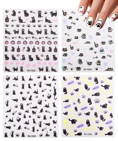 MOPZIJA 4 Blatt Cute Nail Sticker, Nagelsticker Selbstklebend, Nail Art Sticker, Nagel Stickers, schwarz Katzen Nageltattoos, Nagelsticker Kinder, für DIY Dekorationen, Maniküre, Handyhüllen