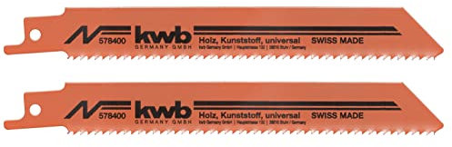 kwb Säbelsägeblätter universell einsetzbar, flexibler HCS Stahl, Zähne gefräst und geschränkt, spezielle Zahnung, für Gipskarton, 1/2'' Universal-Schaft, 2 Stück