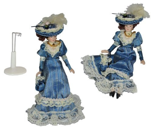 alles-meine.de GmbH Frau/Mutter - Puppe für Puppenstube Maßstab 1:12 - Porzellan Barock Kleid blau - Puppen mit echten Haaren - Biegepuppen Familie Biegepuppe Nostalgie Porzell..