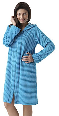 DOROTA kuscheliger und moderner Baumwoll-Bademantel mit Taschen, Reißverschluss & Kapuze, Türkis-gestreift, 38 / M