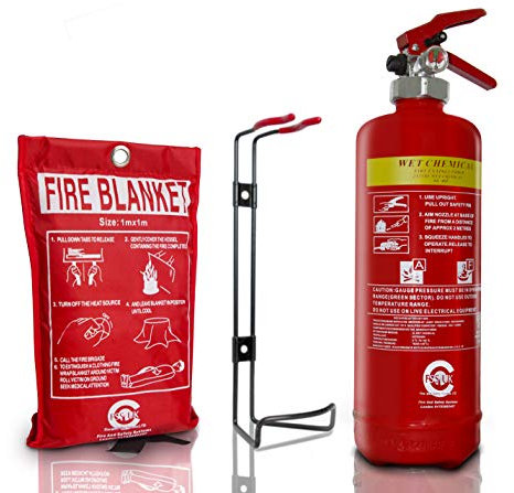 FSS UK Premium 2 Litre Wet Chemical Foam FIRE Extinguisher(BSi) with FIRE Blanket(CE). Ideal for Commercial Kitchen, Restaurants Pubs Bars Cooking Fires 2 L LTR Wet Chem 8A 34B 25F