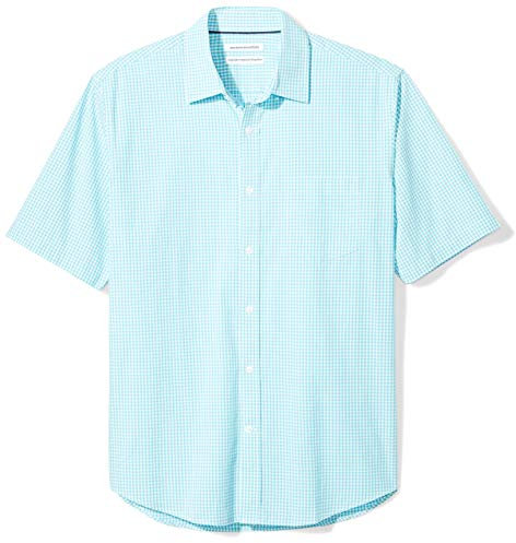 Amazon Essentials Men's Regular-Fit Short-Sleeve Poplin Shirt, Aqua Blue Gingham, L
