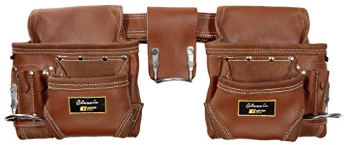 LEATHER GOLD Genuine Leather Framer’s Rig Tool Belt 3450 Brown, with 10 Sliding Pouches and 3 Hammer Holders | Built Tough for Construction Work | Comfortable All Day | Commercial Grade Quality