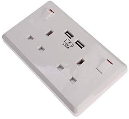 Double Wall Plug Socket 2 Gang 13A with 2 USB Charger Port Outlets Plate White - BS1363