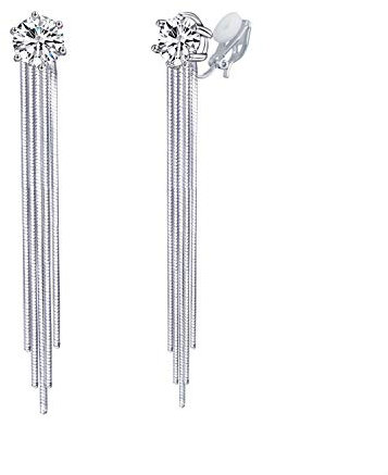 QUKE 7MM Zirkonia Kristall Quaste Baumeln Ohrclips Ohrhänger Lange Tropfen Nicht Durchbohrte Hochzeit Ohrringe Für Frauen Mädchen Braut